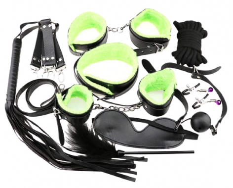 БДСМ-набор из 10-и предметов с зеленым мехом