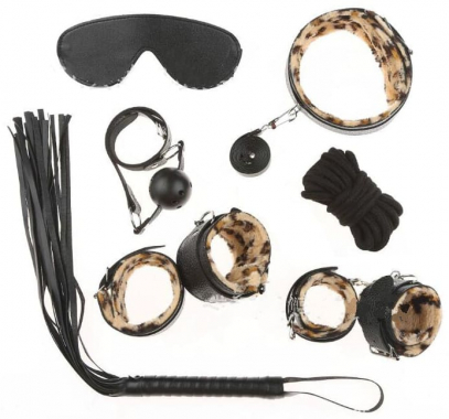 БДСМ-набор из 7-и предметов с леопардовым мехом